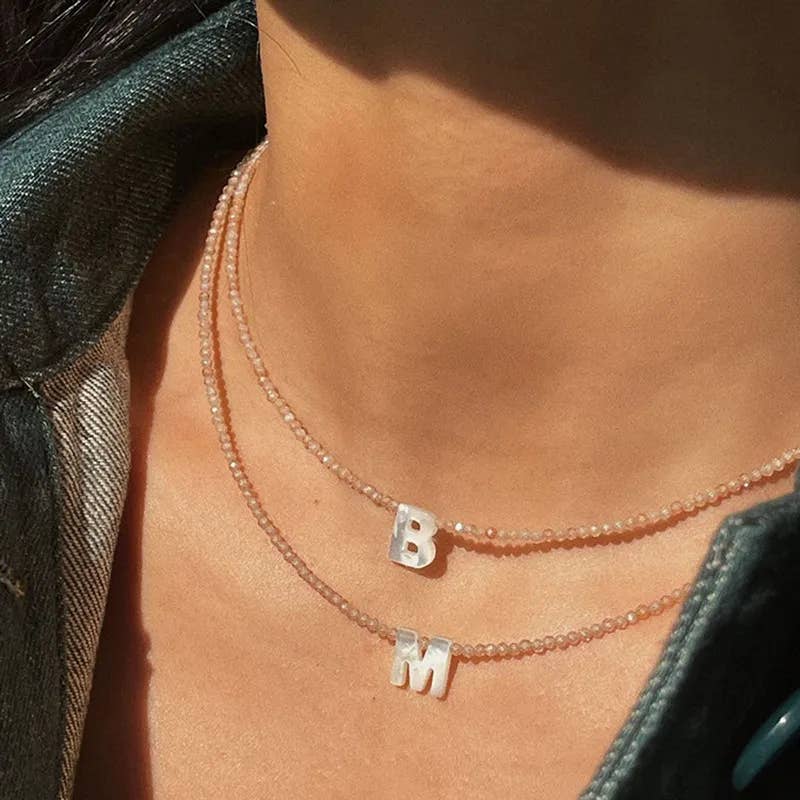 Beaded Initial Letter Shell Pendant Necklace
