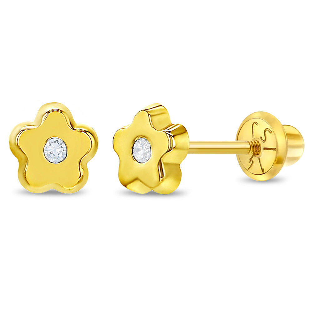14k Gold CZ Flower Screw Back Earrings