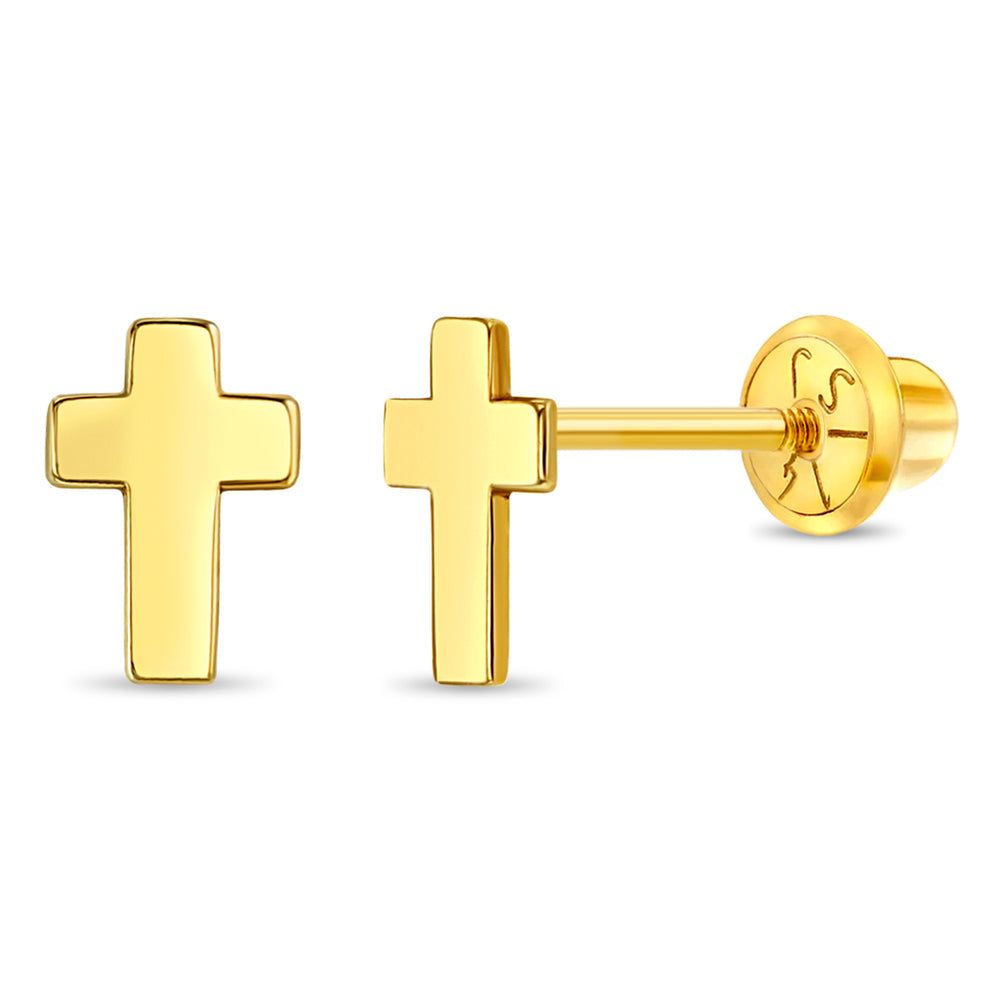 14k Gold Tiny Cross Screw Back Earrings